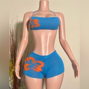 Blue Orange Knitted Women Short Set